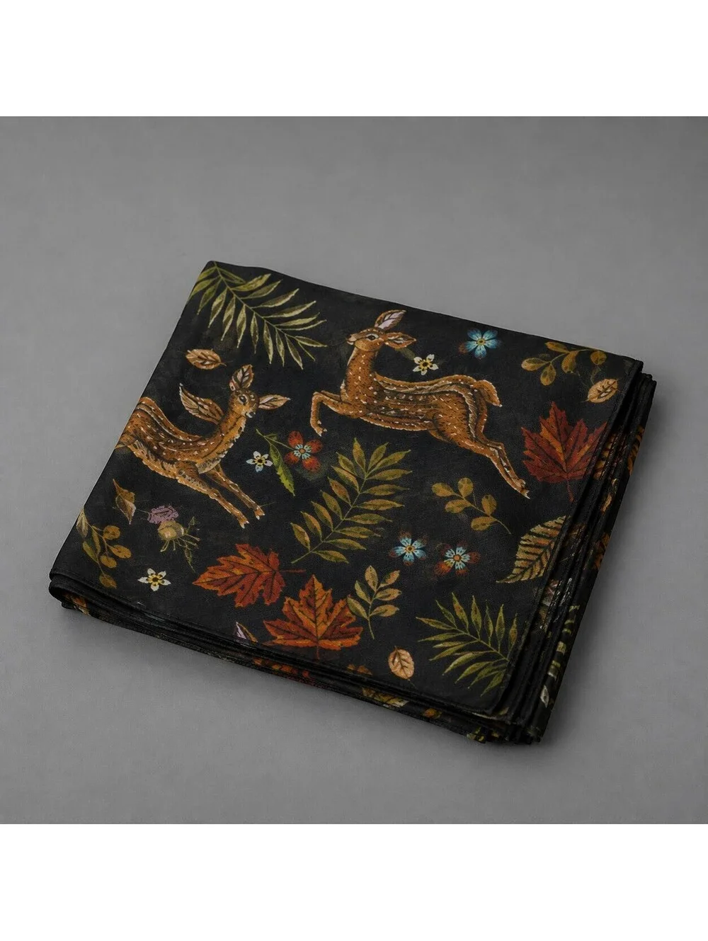 Black Scarf with Autumn Leaves and Deer Print